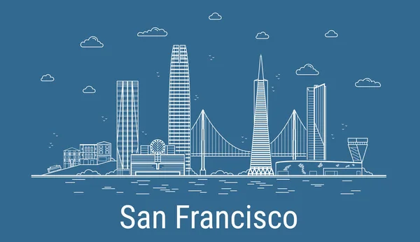 San Francisco şehri, tüm ünlü kuleleri olan Line Art Vector illüstrasyonu. Showplace ile Linear Banner. Modern binaların kompozisyonu, şehir manzarası. San Francisco binaları kuruldu.