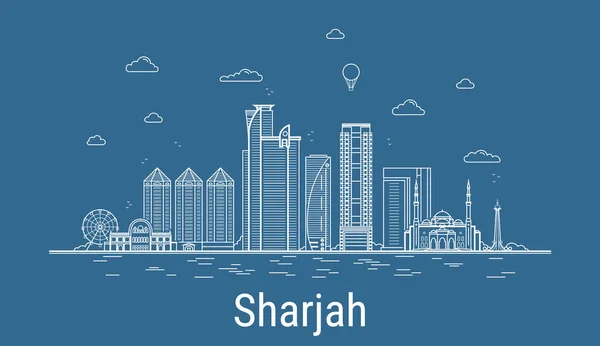 Sharjah şehir çizgisi sanat vektörü illüstrasyonu ve tüm ünlü binalar. Şehir manzarası.
