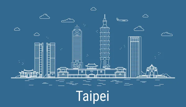 Taipei şehri, tüm ünlü kuleleri olan Line Art Vector illüstrasyonu. Showplace ile Linear Banner. Modern binaların kompozisyonu, şehir manzarası. Taipei binaları kuruldu.