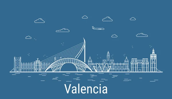 Valencia City, Çizgi Sanat Vektörü illüstrasyonunda tüm ünlü binalar. Showplace ile Linear Banner. Modern şehir manzarasının kompozisyonu. Valencia binaları kuruldu..