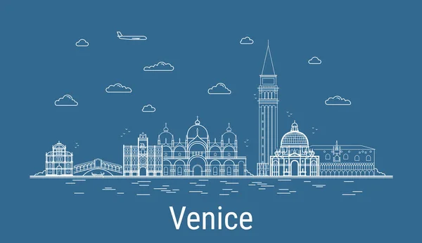 Venedig Stadt Line Art Vector Illustration Mit Allen Berühmten Gebäuden — Stockvektor