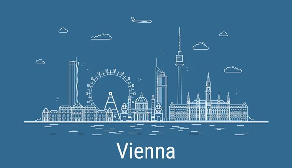 Wiedeń Line Art Vector Ilustracja Wszystkimi Słynnymi Budynkami Liniowy Sztandar — Wektor stockowy