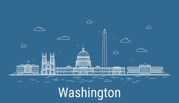 Washington City, Çizgi Sanat Vektörü illüstrasyonunda tüm ünlü binalar. Showplace ile Linear Banner. Modern şehir manzarasının kompozisyonu. Washington binaları kuruldu.