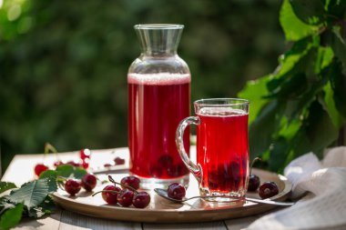 Cam Kupası kavanoz bambu tepsi ile ev yapımı vişne kompostosu