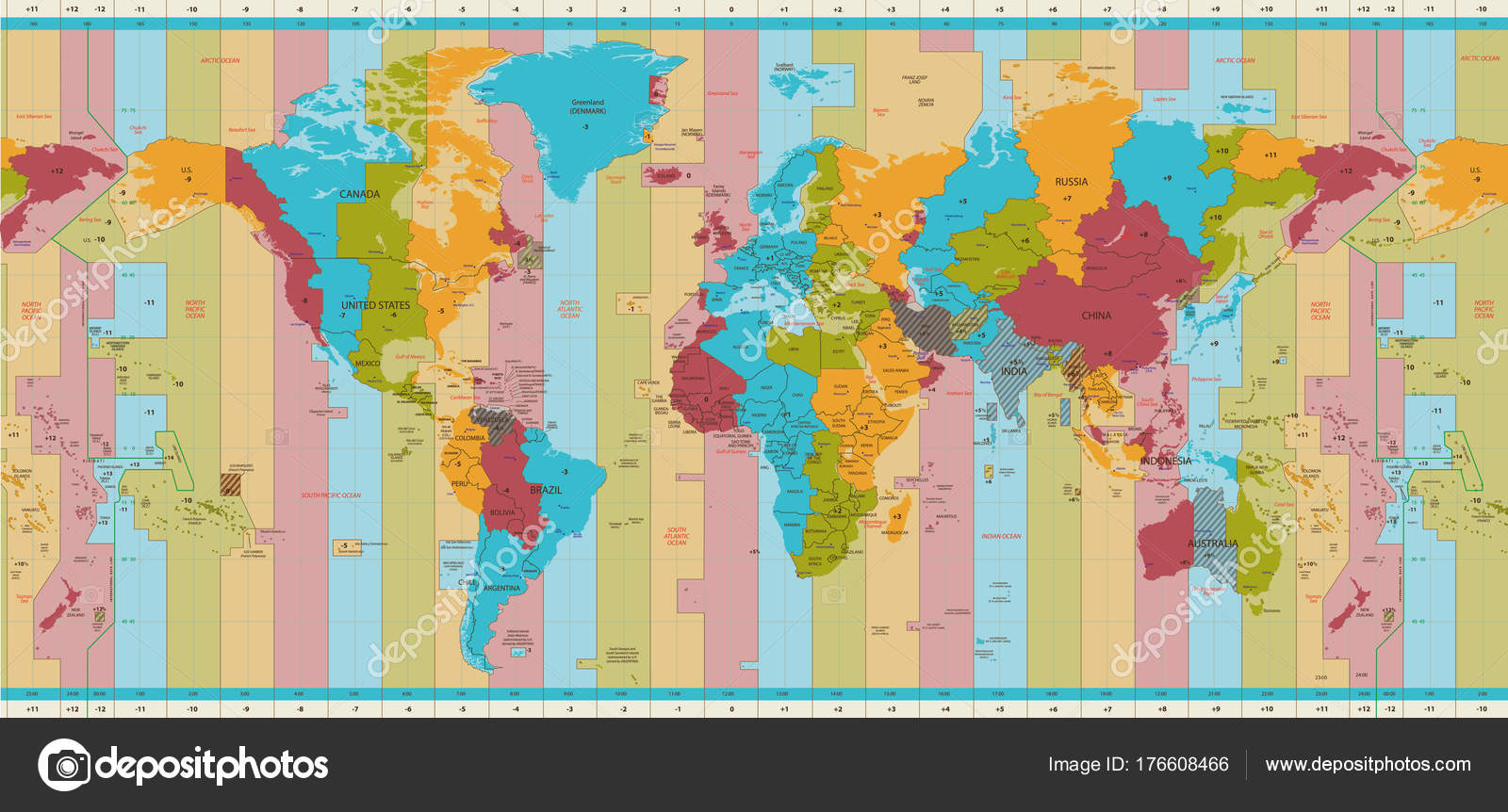 Détaillée Monde Carte Standard Fuseaux Horaires Image