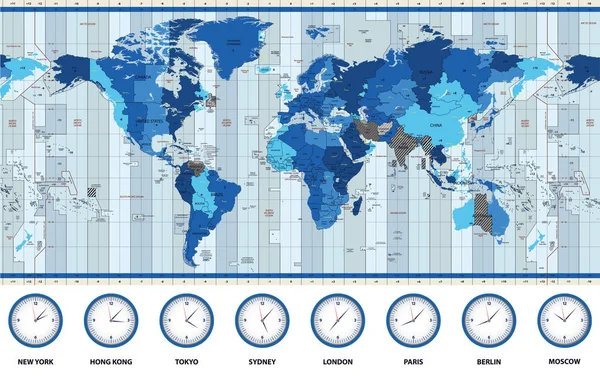 Mapa Las Zonas Horarias Estándar Del Mundo Colores Azules — Vector de stock