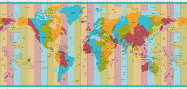 Detaillierte Weltkarte Standardzeitzonen — Stockvektor