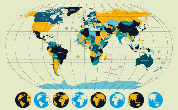 Alta Mappa Dettagliata Del Mondo Con Meridiani Paralleli — Vettoriale Stock