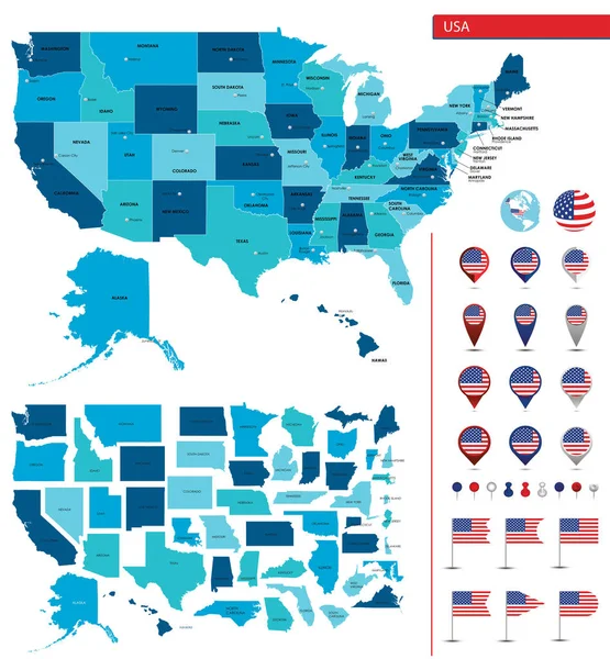 Detailkarte Der Vereinigten Staaten Von Amerika Großkreutz Symbole Standortindikatoren — Stockvektor