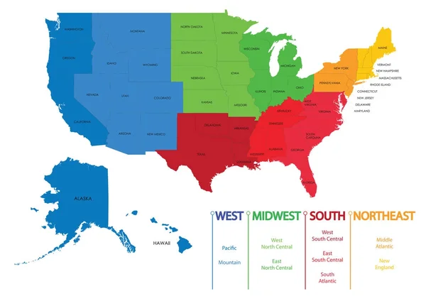 Mapa Las Regiones Estados Unidos Mapas Usa — Archivo Imágenes Vectoriales