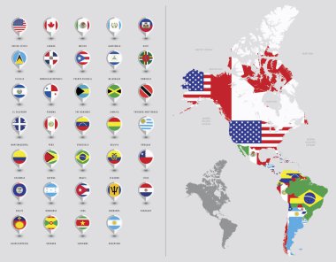 Kuzey ve Güney Amerika Haritası. Amerika'nın bayrakları