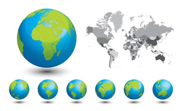 Carte Monde Noir Blanc Ensemble Globes Avec Différents Continents — Image vectorielle