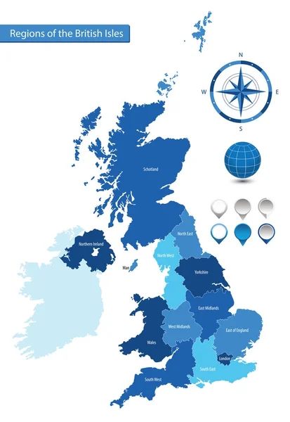 Mapa Vectorial Las Regiones Las Islas Británicas — Vector de stock