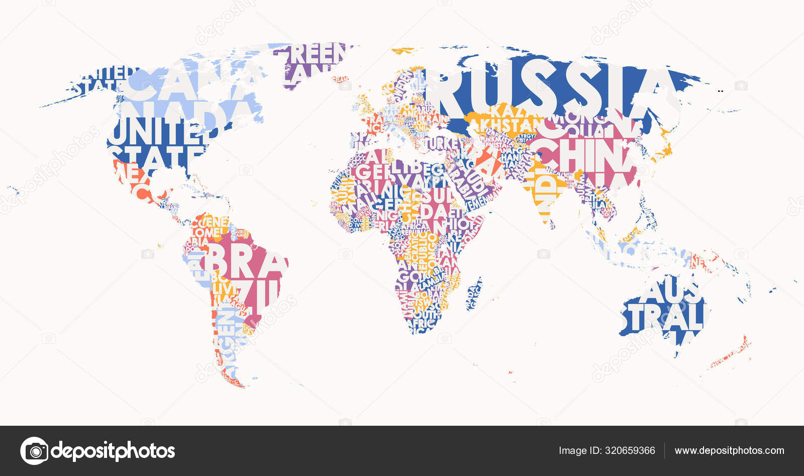 World map text composition, name of countries in color territories ...