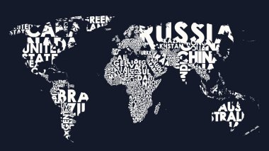 Tasarım için dünya haritası ülke isimleri, tipografik siyah ve beyaz vektör illüstrasyonları boş