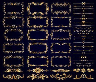 Altın dekoratif kenarlar, çerçeveler, bölme vektör kümesi, tasarım için karanlık bir arkaplan boş