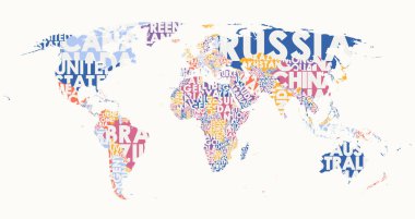 Dünya haritası metin bileşimi, renk bölgelerindeki ülkelerin adı, tasarım için Typographic vektör çizimi boş