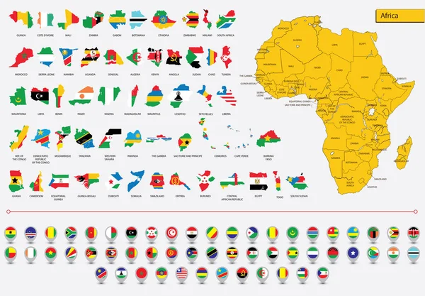 Gedetailleerde kaart van het Afrikaanse continent, kaarten Afrikaanse vlaggen en pictogrammen — Stockvector