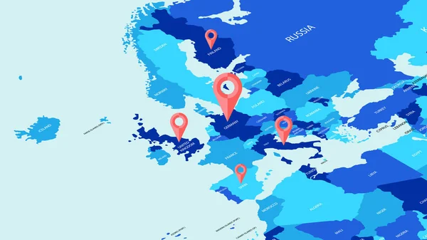 Mapa político a color de Europa en isometría, con etiquetas turísticas — Vector de stock