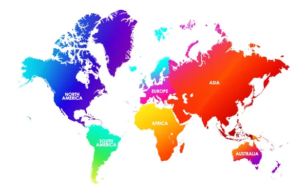 Mappa del mondo di saturazione della colorazione, ogni continente in diversi colori di gradiente luminoso alla moda e nome vuoto per il design — Vettoriale Stock