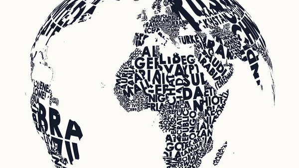 Illustrazione tipografica di una mappa del mondo con i nomi dei paesi su una sfera, grafica vettoriale in bianco per il design — Vettoriale Stock
