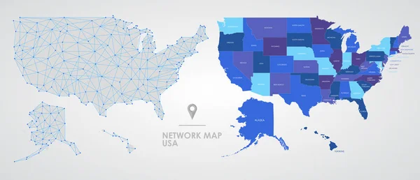 Telecommunicatienetwerk van de Usa, Abstract mesh polygonal ggeografische kaart, gedetailleerde kaart van de staten van Amerika blanco voor ontwerp — Stockvector