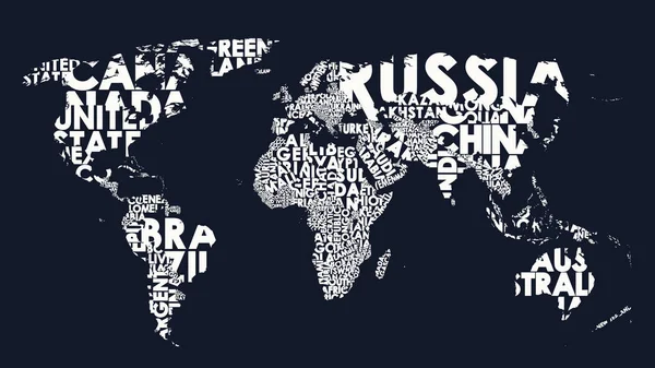 Mapa do mundo composição de texto de nomes de países, tipográfico preto e branco vetor ilustração em branco para o projeto — Vetor de Stock