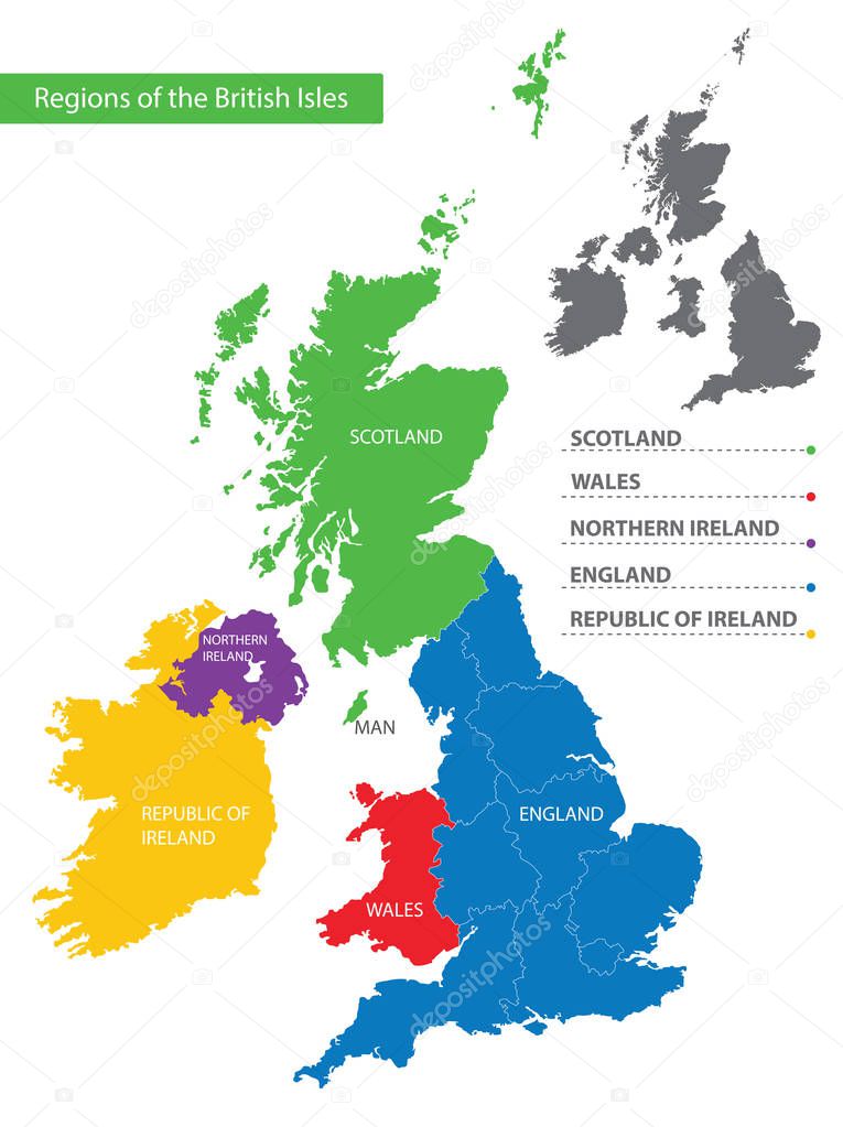 Color detailed map of the regions and countries of the British Isles for your design