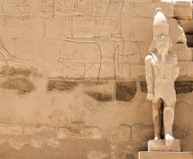 Mısır hiyeroglifleri ve tematik çizimlerle dolu taş bir duvarın arkasında Firavun 'un antik heykeli.