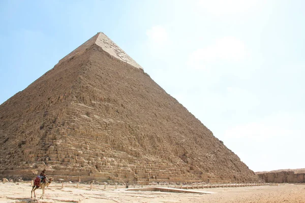 Vista da grande pirâmide do Faraó Khafre com um cavaleiro em um camelo, arquitetura antiga do Egito no complexo de Gizé — Fotografia de Stock