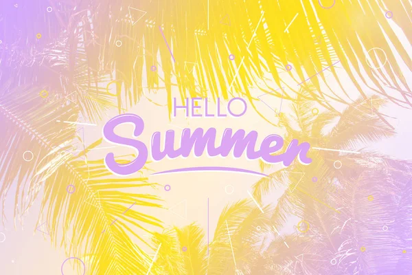 Hello summer holiday and summer time poster, vintage toned and stylized, tropical gradient background