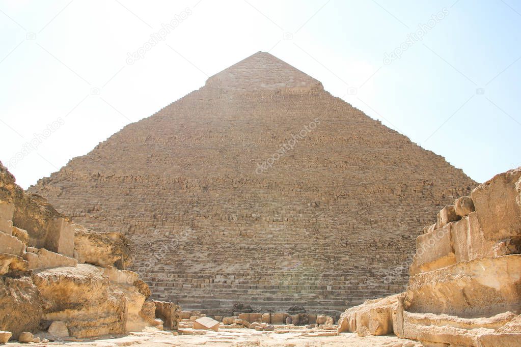 Great pyramid of Pharaoh Khafre, and the ruins of the architectural complex of Giza, Cairo surroundings