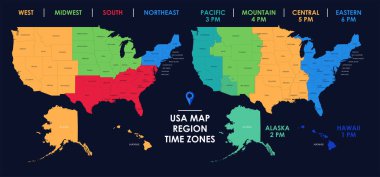 Amerika Birleşik Devletleri 'nin detaylı bölgeleri ve zaman dilimleri, renkli bilgi grafikleri, vektör illüstrasyonu