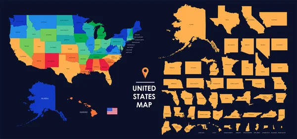 Mapa detallado de los Estados Unidos, cada estado está firmado y destacado, los estados se encuentran en el territorio más grande, infografía colorida de los Estados Unidos de América, ilustración vectorial — Archivo Imágenes Vectoriales