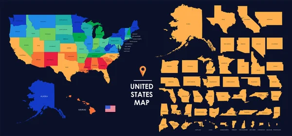 Gedetailleerde kaart van de Usa, elke staat is ondertekend en gemarkeerd, de staten zijn gelegen op het grootste grondgebied, kleurrijke infographic van de Verenigde Staten van Amerika, vector illustratie — Stockvector