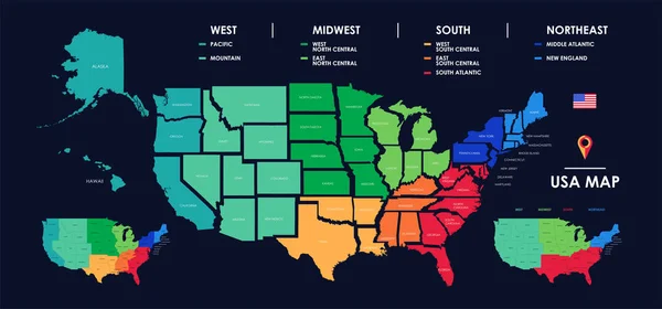 Carte détaillée des régions américaines, États isolés avec noms, infographies colorées des États-Unis d'Amérique, illustration vectorielle — Image vectorielle