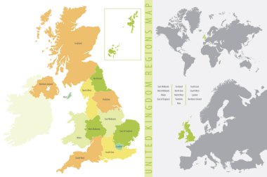 Renk vektör illüstrasyonu, Birleşik Krallık Bölgeleri Haritası