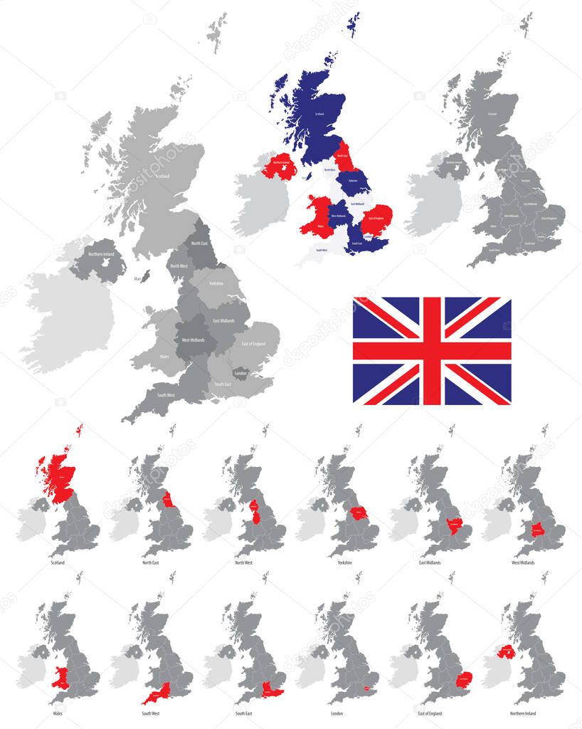 Detailed vector map of the regions of the British Isles, in the color of the British flag