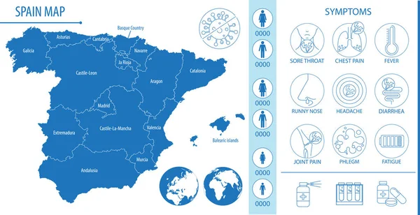 Mapa Espanha Com Pictogramas Ícones Sintomas Covid Outras Doenças Respiratórias — Vetor de Stock