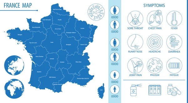 Карта Франции Пиктограммами Иконами Симптомов Ковид Другими Респираторными Заболеваниями Векторная — стоковый вектор