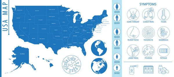 Carte Des États Unis Amérique Avec Pictogrammes Icônes Des Symptômes — Image vectorielle