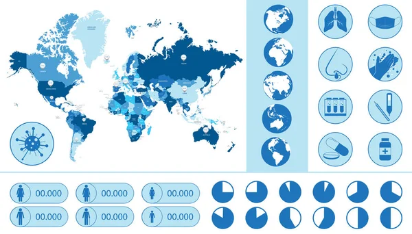 Pandemische Wereldkaart Pictogrammen Grafieken Voor Statistieken Infographic — Stockvector