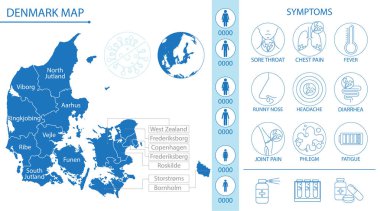 Piktogram ve belirti simgeleriyle Danimarka haritası, Covid-19 ve diğer solunum hastalıkları, bilgi ve posterler için vektör ilüstrasyonları