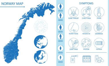 Piktogram ve belirti simgeleriyle Norveç haritası, Covid-19 ve diğer solunum hastalıkları, bilgi ve posterler için vektör çizimi
