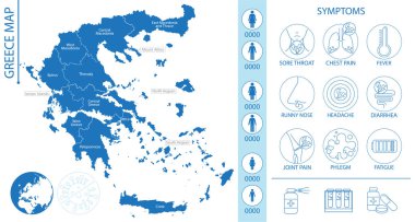 Yunanistan haritasında piktogramlar ve belirti ikonları, Covid-19 ve diğer solunum hastalıkları, bilgi ve posterler için vektör ilüstrasyonları yer alıyor