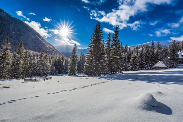 Pequeña cabaña de madera cubierta de nieve en invierno al amanecer, Tatras, Polonia — Foto de Stock