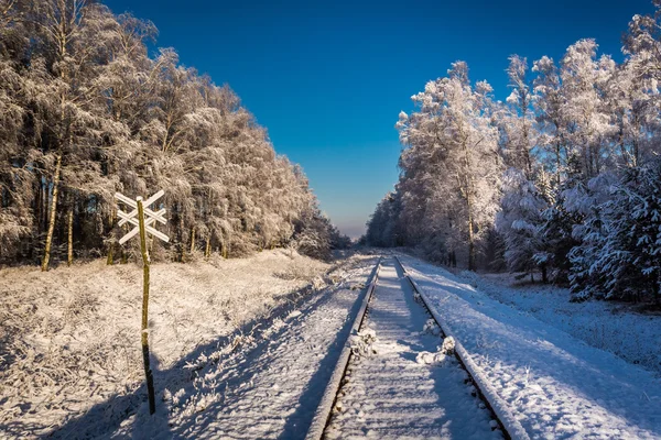 Frozen unused railway line in winter at sunrise — Stock Photo, Image