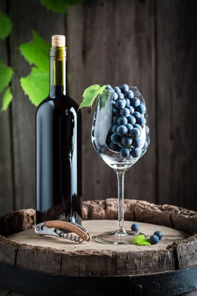 Vinho tinto saboroso e uvas frescas no barril — Fotografia de Stock