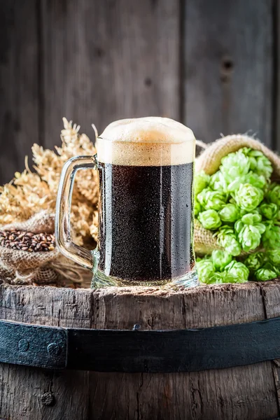 Pint of fresh dark beer with ingredients — Stock Photo, Image