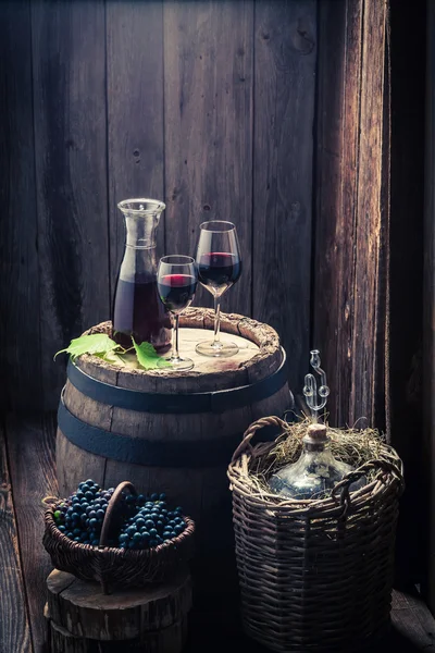 Vinho caseiro fresco em copo com uvas e demijohn — Fotografia de Stock